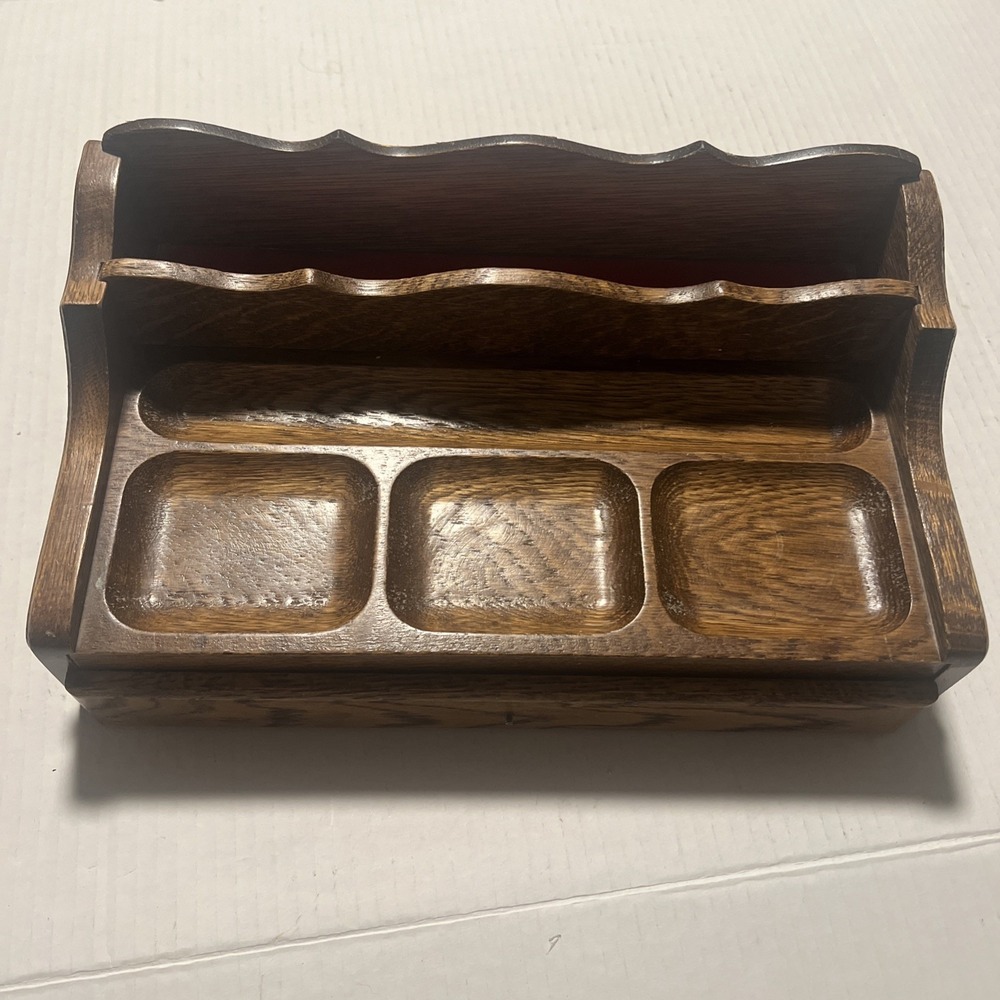 MidCentury Wooden Men's Valet Dresser Top Jewelry Organizer Red Velvet Lining
